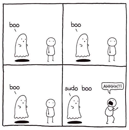 Meme mostrando um fantasma tentando assustar alguém dizendo "boo", mas não consegue. Então diz "sudo boo" e enfim assuta